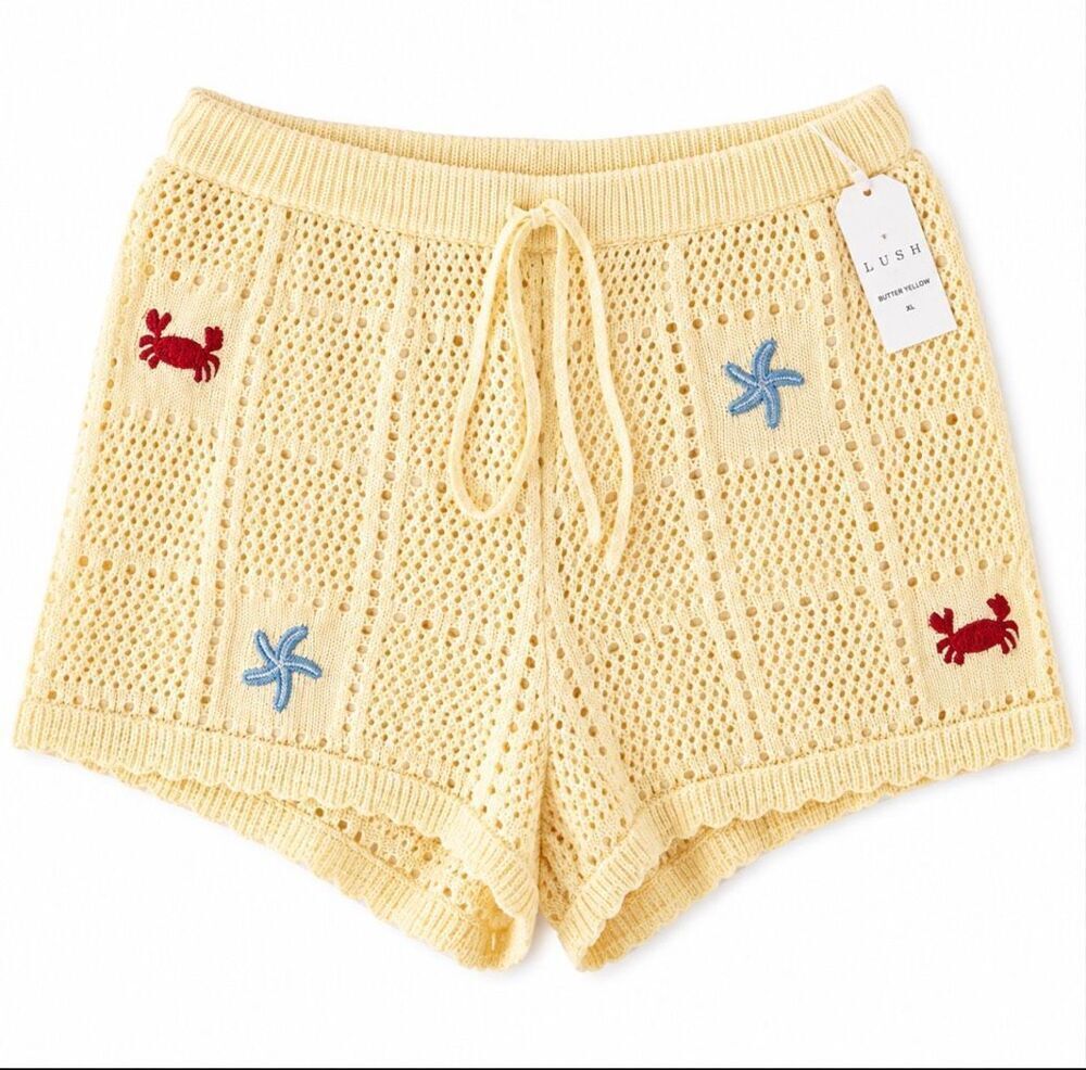 Lush Open Knit Beach Cover-Up Shorts Butter Yellow Embroidered XL NWT